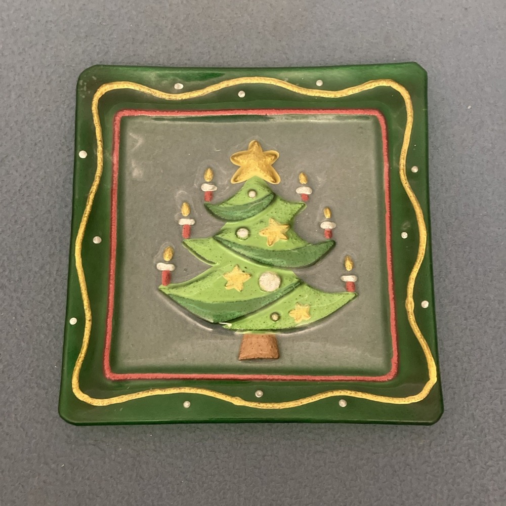 Unmarked Classic Christmas Tree 8" Square Multicolor Fused Glass Plate